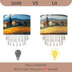 Pastoral Landscape Lamp Shade with Acrylic Bead Droplets, Drum Fabric Light Shade for Ceiling Pendant Table & Floor Lamps, Farmhouse Country Style Decor, 11.8in