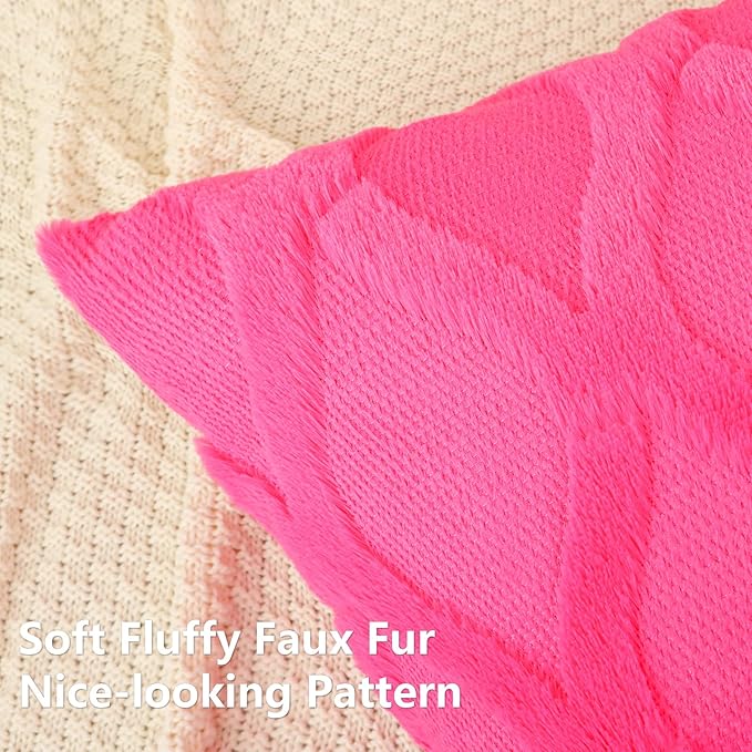 decorUhome Spring Euro Sham Throw Pillow Covers 22x22 Inch Set of 2, Soft Plush Faux Fur Wool Hot Pink Couch Pillow Covers, Decorative Neutral Pillow Cases for Bed Sofa Living Room Valentines Decor