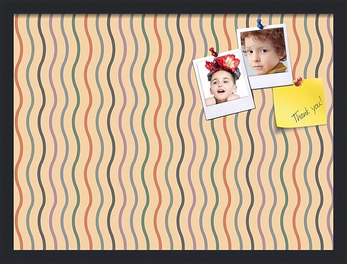 PinPix 23x17 Inch Cork Bulletin Board. This Decorative Framed Pin Board Comes with Multi Color Waves Design and a Satin Black Frame. Ideal for Home Office Decor or Message Board (PinPix-565)