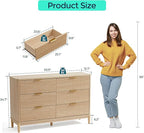 LINSY Fluted 6 Drawer Dresser for Bedroom, 54" Wide Mid-Century Modern Tall Chest of Drawers, Deep Storage Dresser with Curved Corner Design, Large Accent Wood Cabinet for Bedroom, Oak