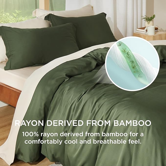 Bedsure 100% Rayon Derived from Bamboo Duvet Cover King Size - Lightweight Silky Cooling Comforter Cover Set for Hot Sleepers, Breathable & Moisture-Wicking Bedding Set, Olive Green