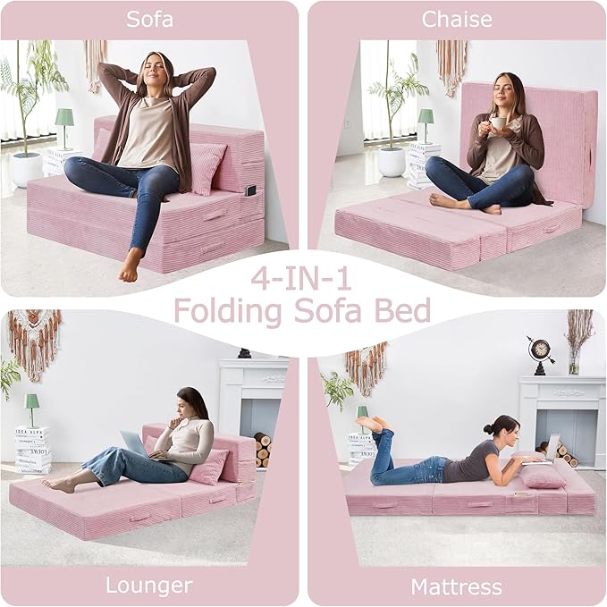 Folding Sofa Bed, 4 in 1 Convertible Sleeper Chair with Pillow, Twin Memory Foam Fold Out Chair Bed, Modern Floor Futon Sofa Couch Mattress for Living Room/Guest/Apartment, Pink