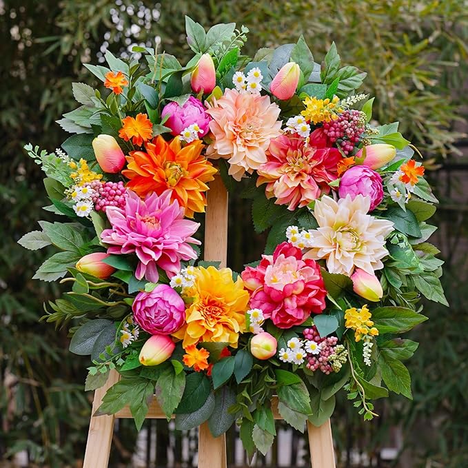Spring Wreath 24 Inch Summer Wreaths for Front Door with Dahlia and Greenery, Wreath for All Seasons,Spring and Summer Wreaths for Front Door Outside or Indoor