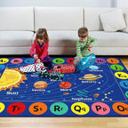 Outer Space Rug for Kids Room, ABC Educational Learning Kids Carpet, Non-Slip Solar System Road Play Play Rug for Kids Bedrooms, Classroom, Nursery Room Decor (Blue, 59X39.4 INCH)