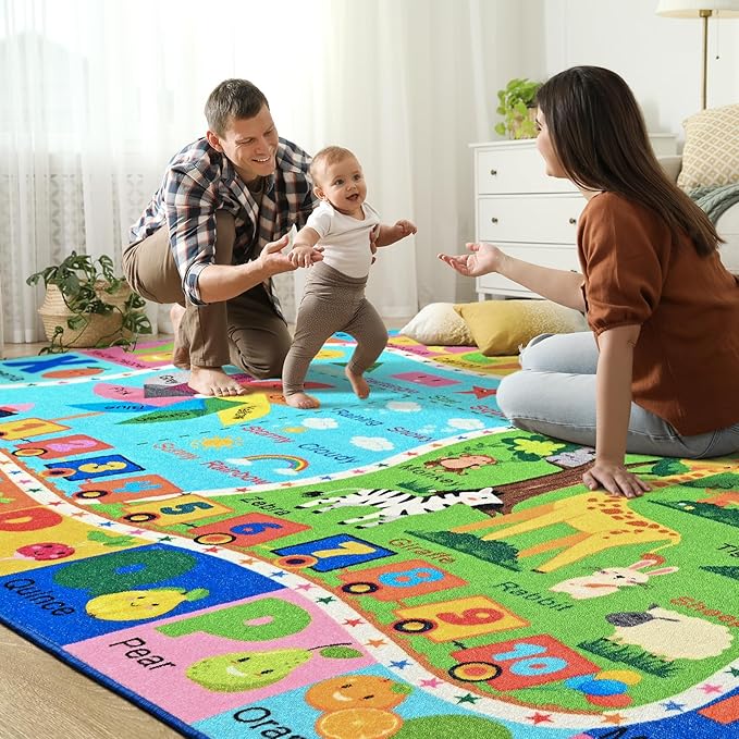 Kids Rug for Playroom, 4x6 ABC Educational Carpet for Classroom, Fun Alphabet Area Rugs for Learn Numbers Colors Animal Weather and Shapes Playmat for Girls Boys Room Nursery Decor