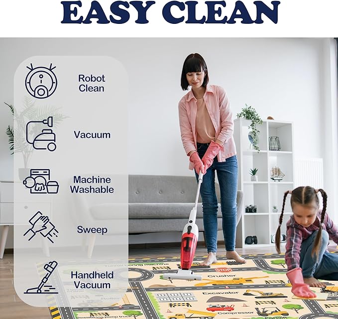 Construction Site Play Rug for Kids - Interactive Engineering Vehicles Faux Wool Carpet with Excavator & Digger Design, Non-Slip Educational Mat for Playroom, Bedroom Gifts (Boys & Girls)