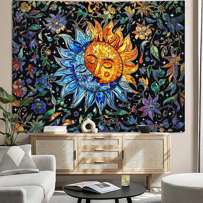 Accnicc Sun and Moon Tapestry Boho Hippie Floral Wall Tapestry for Bedroom Aesthetic Vintage Stained Glass Celestial Plant Large Tapestries Wall Hanging for Living Room Dorm 80 x 60 Inch