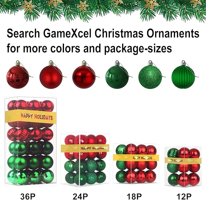 Red & Green 2.5" Christmas Balls Christmas Tree Decoration Ornaments Shatterproof Hanging Balls for Birthday Halloween Holiday Wedding Decorations Set of 24pcs