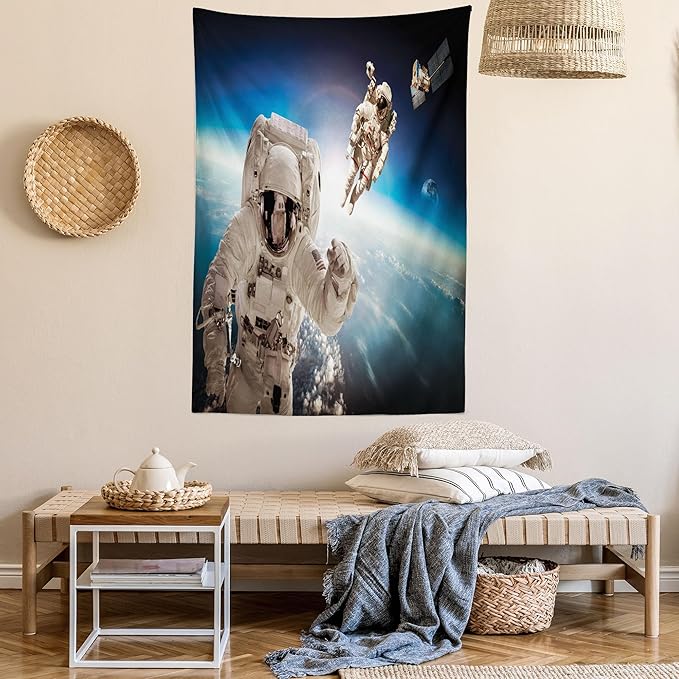 Ambesonne Outer Space Tapestry, Cosmonaut Crew in Universe Astronomy Atmosphere Astral Journey Inspired Image, Wall Hanging for Bedroom Living Room Dorm Decor, 40" X 60", Beige Blue