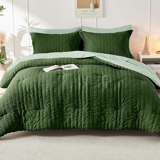 HYMOKEGE Dark Green/Sage Green Twin XL Comforter Set Seersucker 5 Pieces, All Season Luxury Bed in a Bag for Bedroom, Bedding Set with Comforter, Sheets, Pillowcase & Sham