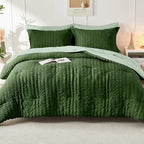 HYMOKEGE Dark Green/Sage Green Twin Comforter Set Seersucker 5 Pieces, All Season Luxury Bed in a Bag for Bedroom, Bedding Set with Comforter, Sheets, Pillowcase & Sham