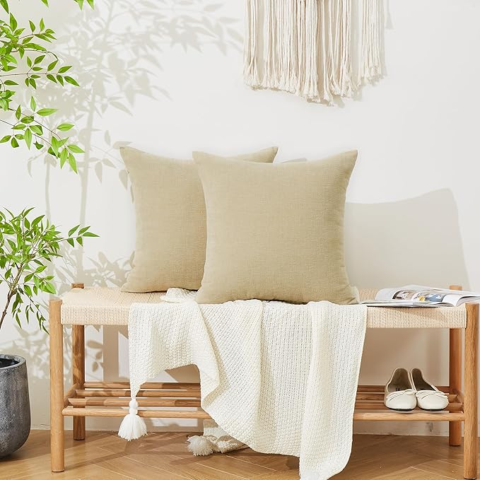 GAWAMAY Decorative Chenille Throw Pillow Covers 24x24 Inch Pack of 2, Soft Square Couch Pillow Cover for Sofa Cushion Living Room Bedroom Solid Dyed Pillowcases Khaki 60x60cm (ONLY Covers)