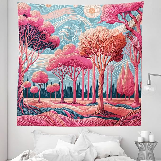Ambesonne Trees Tapestry Queen Size, Surreal Post-Impressionism Themed Woodland of Dreamy Sky and Tree Pattern, Wall Hanging Bedspread Bed Cover Wall Decor, 88" X 88", Pink Coral Blue Grey
