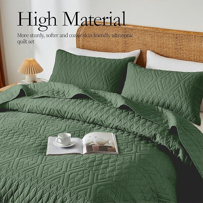 akkialla Twin Size Quilt Bedding Set,Green Lightweight Microfiber Soft Bedspreads,Modern Style Geoetric Pattern Coverlet Set for All Seasons,2 Piece(1 Quilt,1Pillow Sham)