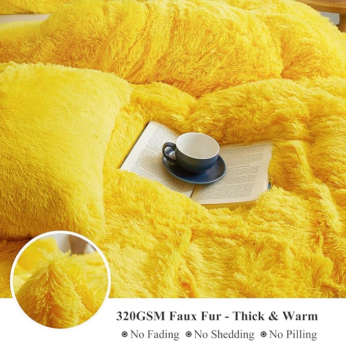 XeGe Plush Shaggy Duvet Cover Set, Luxury Ultra Soft Crystal Velvet Fluffy Furry Bed Set 2 Pieces(1 Faux Fur Fuzzy Comforter Cover + 1 Faux Fur Throw Pillow Case), Zipper Closure (Twin, Yellow)