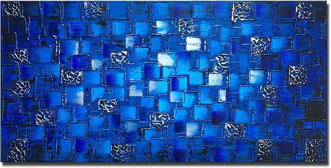 MyArton Large Thick Abstract Dark Blue add Silver Square Wall Art Hand Painted Artwork Textured Oil Painting on Canvas Framed Ready to Hang 60x30inch