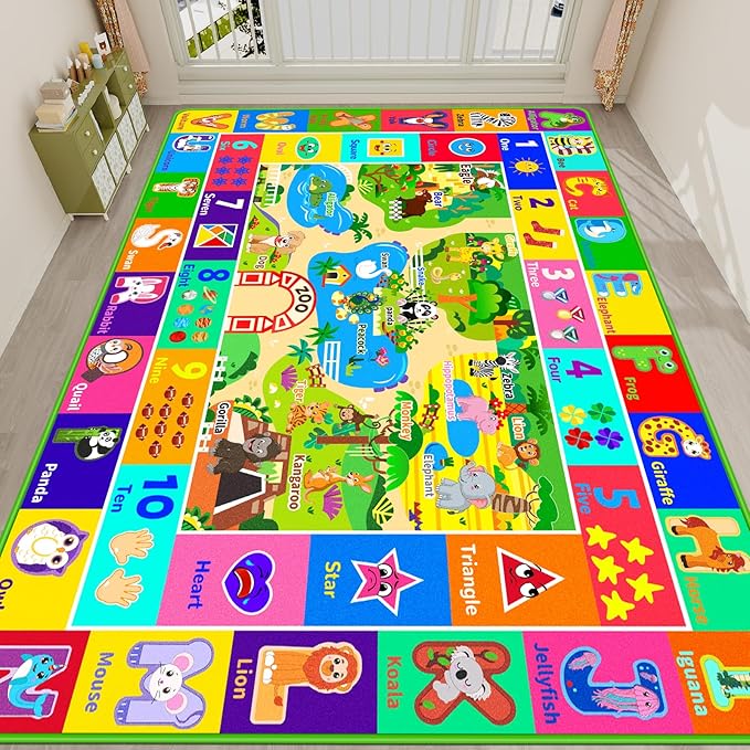 Kids Rug for Playroom, Soft & Non-Slip Educational Rug with ABC, Animals, Numbers, Floor Play Mat for Kid, Preschool Classroom Rugs Playmat for Toddler Nursery Kids (110.2X78.7 inch, Zoo)