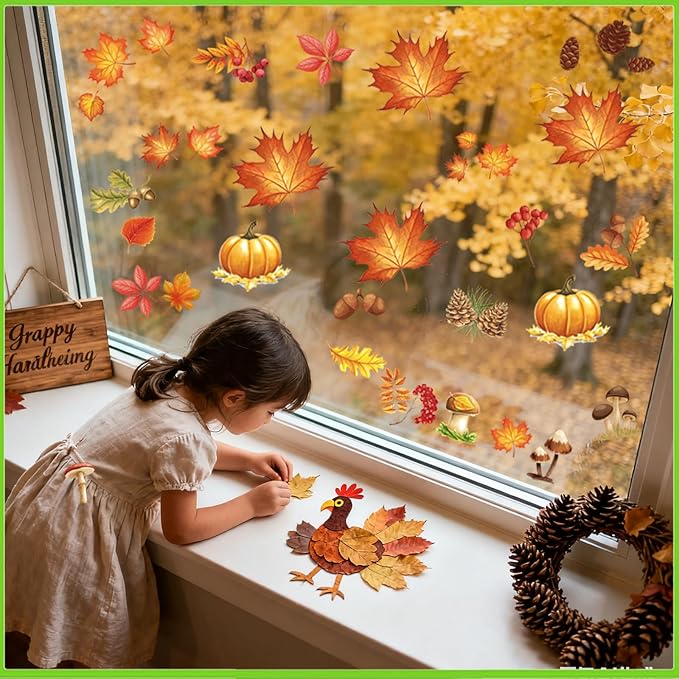 Fall Window Clings for Glass Windows, 71pcs Autumn Window Clings Maple Leaf Pumpkin Window Sticker Thanksgiving Decor, 7 Sheets Fall Decorations for Classroom Office Home Indoor Clearance Party