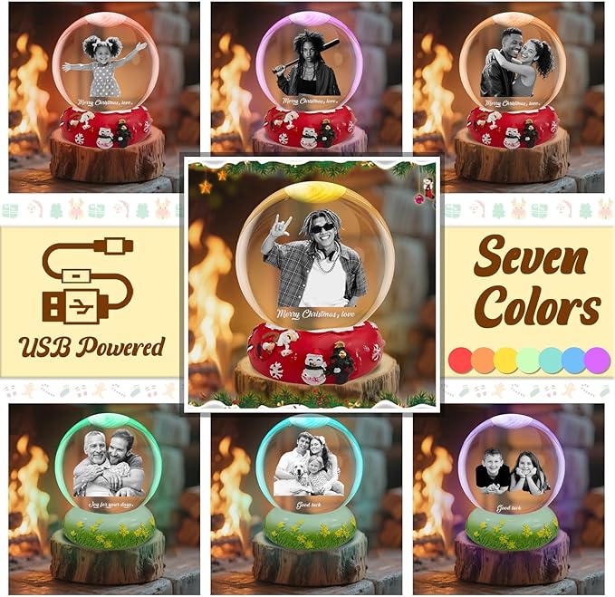 Custom Snow Globes with Photo Name Christmas Snow Globes with Light-Up Base Personalized Engraving Crystal Snowglobe Gifts for Family Women Men Kids Xmas Gift (Snowglobe)