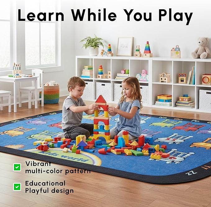 SAFECASTLE Chairs 16 Seats Kids Educational Area Rug – 6'6" x 8'4" – Colorful Numbered Seating Layout with Alphabet Border – Classroom Seating Kids Carpet for Preschool, Daycare & Kindergarten
