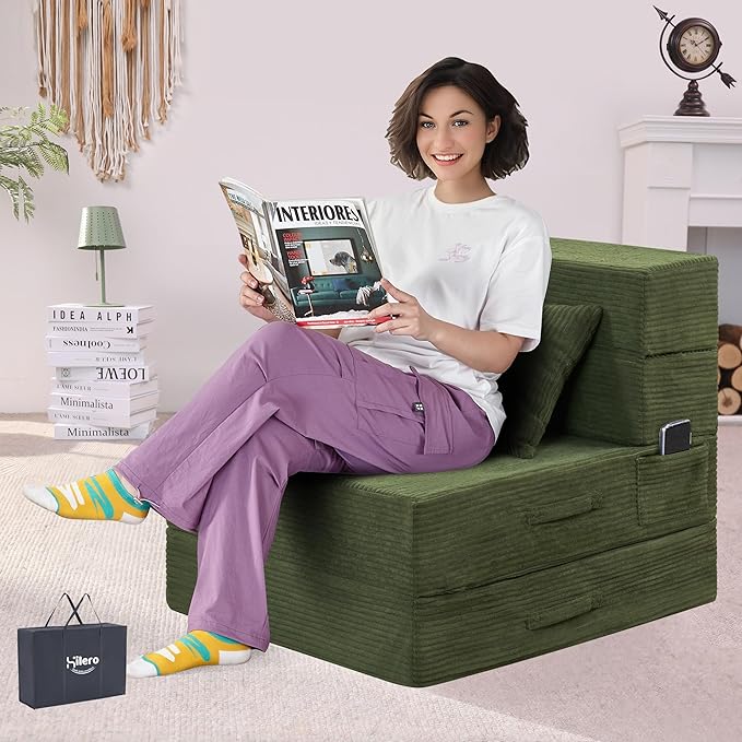 Folding Sofa Bed, 4 in 1 Convertible Sleeper Chair with Pillow, Single Memory Foam Fold Out Chair Bed, Modern Floor Futon Sofa Couch Mattress for Living Room/Guest/Apartment, Green