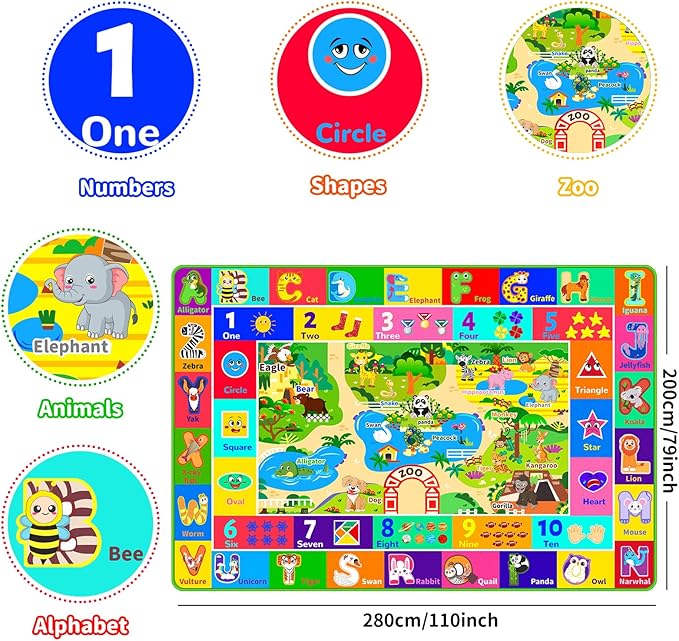 Kids Rug for Playroom, Soft & Non-Slip Educational Rug with ABC, Animals, Numbers, Floor Play Mat for Kid, Preschool Classroom Rugs Playmat for Toddler Nursery Kids (110.2X78.7 inch, Zoo)