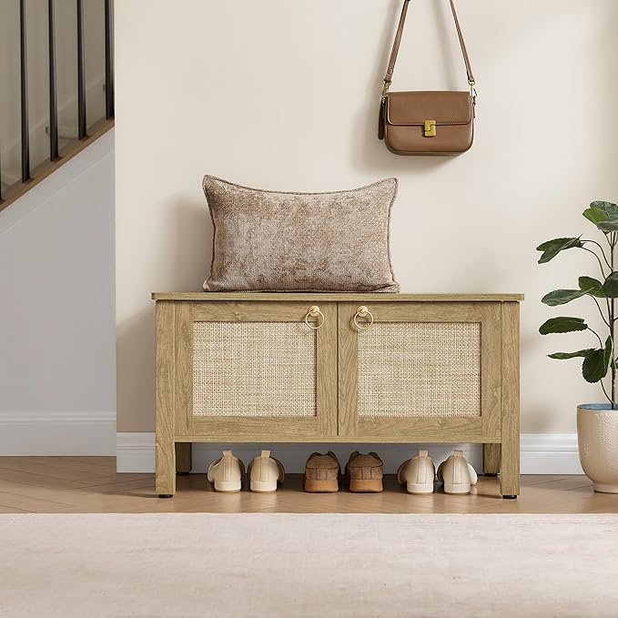 SICOTAS Rattan Shoe Rack Bench with Lift Top Storage: Farmhouse Boho Wide Shoe Cabinet Entryway Bench with Safety Hinges, Wooden Storage Chest for Bedroom, Entryway, Hallway, Living Room