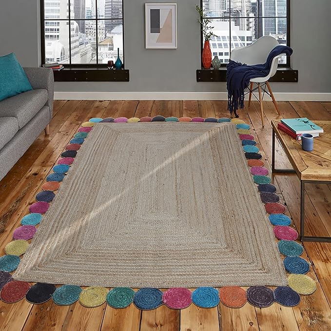 Scalloped Jute Rug, Hand Woven Runner Area Rug, 5x10 Ft Beige & Multicolor Braided Natural Sisal Kilim Rugs for Living Room, Kitchen, Entryway, Farmhouse