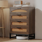 Mericonia 4 Drawer Rattan Dresser for Bedroom, Wood Tall Dresser for Closet with Metal Handles, Boho Nightstand Sets, Dressers & Chests of Drawers for Bedroom, Hallway and Entryway, Walnut