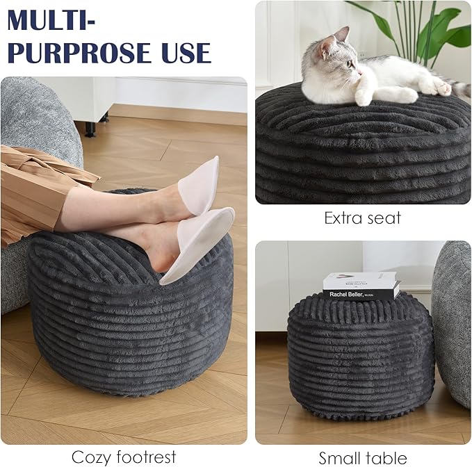 Round Pouf Ottoman,Corduroy Poufs with Memory Foam Filling for Foot Rest,Soft Footstool for Living Room,20"x 17",Dark Grey