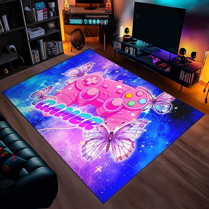 Gaming Rugs for Girls Bedroom Decor Butterfly Rug 3x5 Ft Teen Girls Gamer Area Rug Blue and Pink Carpet for Kids Room,Gaming Room,Dorms,Playroom & Apartment Non-Slip Floor Mat