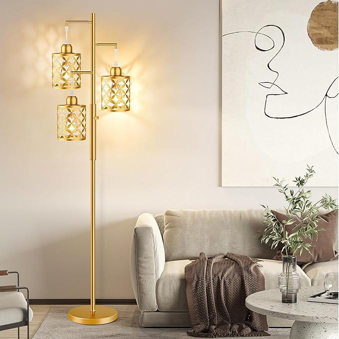 【Upgraded】72" Tall Dimmable Floor Lamp, Modern Standing Lamp with Elegant Metal Cages, Industrial Tree Floor Lamps for Living Room, Bedroom, Study Room, Office (3 x 800LM LED Bulbs Included) - Gold