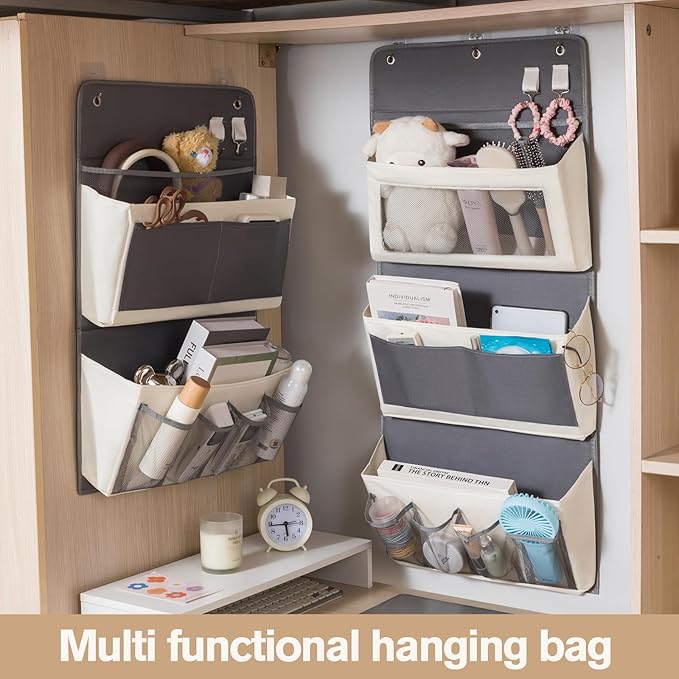 Over Door Storage Organizer, Multi-Pocket Hanging Organizer with Mesh Pockets, Wall Mount Storage Bags, Black and White (gray + white, 2-Tier*2PACK)