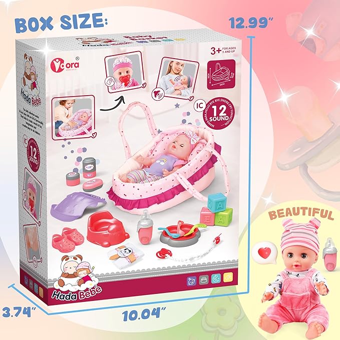 SMILESSKIDDO Baby Doll Set - 14" Babydoll with Dolls Accessiores, Realistic Pretend Play Doll Includes Carrier Bassinet Bed, Feeding Set, Doll Clothes, Toddler Toys Gifts for 1 2 3 4 5 Year Old