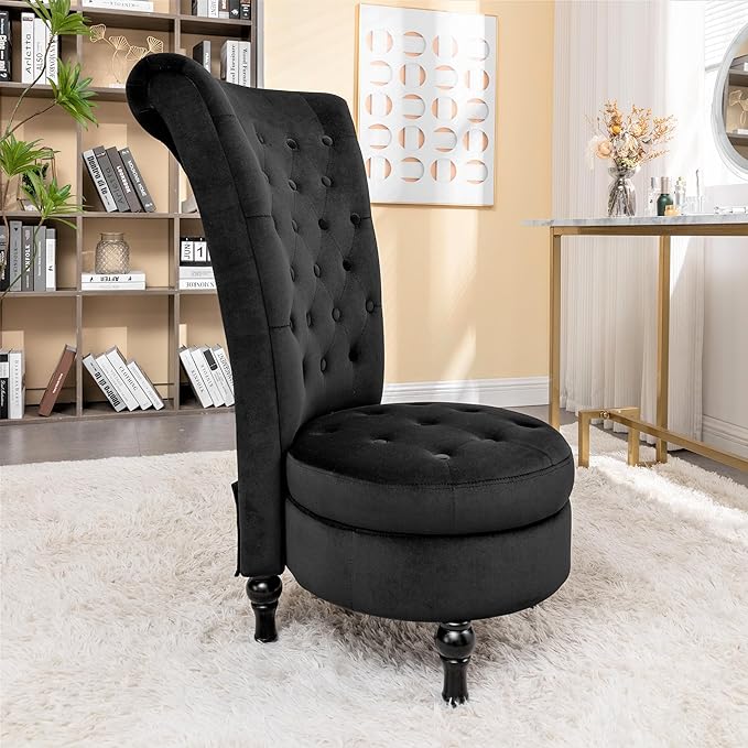 Royal High-Back Velvet Accent Chair for Vanity with Storage and Luxurious Upholstery, Retro Design and Versatile Usage for Living Room, Bedroom, Lounge and Office, Black