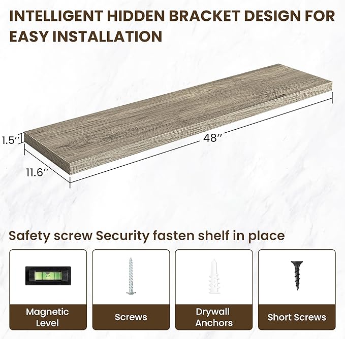 48 Inch Floating Shelves, 12 Inch Deep Floating Shelves for Wall, Floating Shelf with Invisible Brackets, 12 inch Deep Wall Shelves for Bathroom, Bedroom, Living Room, Vintage Gray Oak