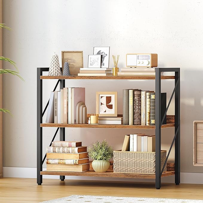 HOOBRO Bookshelf, 3-Tier Industrial Bookcase, Book Shelf Storage Organizer, Bookshelf with Metal Frame for Living Room, Bedroom, Home Office, Kitchen, Rustic Brown and Black BF718SJ01