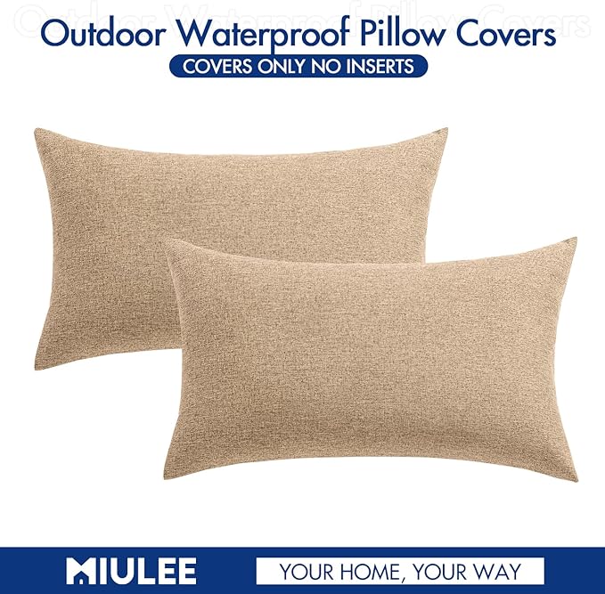 MIULEE Pack of 2 Decorative Outdoor Solid Waterproof Throw Pillow Covers Faux Linen Garden Farmhouse Cushion Cases for Patio Tent Balcony Couch Sofa 20x12 Inch Light Tan