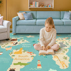 Huge Kids Rugs for Playroom Décor - 9x12 Boho Pastel Classroom Décor for Children Play, Washable Ultra Soft World Map Carpet with Blue Ocean, Continents & Cute Animals