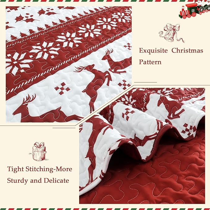 Exclusivo Mezcla Reversible Christmas Quilts Twin Size, Red Bedspread Lightweight Coverlet Winter Quilt Bedding Set with Printed Striped Reindeer Snowflakes Pattern (1 Quilt, 1 Pillow Sham)
