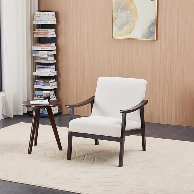 KEIKI Mid-Century Modern Accent Chair with Solid Wood Frame, Tech Fabric Armchair with Supportive Cushioned Back