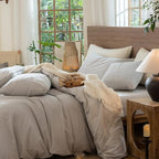 MooMee Wavy Striped Duvet Cover Set 100% Washed Cotton Linen Like Textured Breathable Durable Soft Comfy (Light Grey, Palatial King/Oversized King 120"x98")