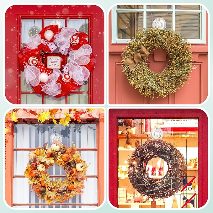 VIS'V Wreath Hanger, Large Suction Cup Wreath Hooks with Wipes, Heavy Duty, 22 LB Capacity, Removable and Reusable, Clear, 4 Pcs