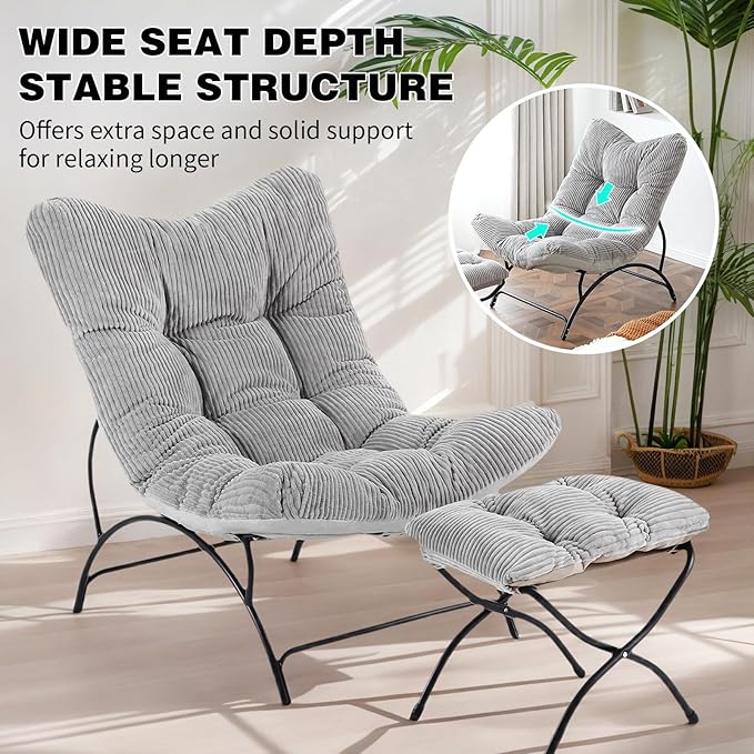 Welnow Modern Accent Chair with Ottoman, Upholstered Comfy Lounge Recliner Sofa, Thick Cushion Oversized Lazy Reading Chair with Footrest for Living Room, Bedroom, Apartment, Office, Dorm, Light Grey
