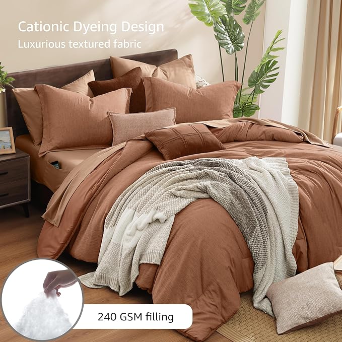 Monbix Super King Comforter Set, Autumn Leaf Cationic Dyeing Bedding Set Reversible, Bed in a Bag 7 Pieces with Comforter, Sheets, Pillowcases & Shams