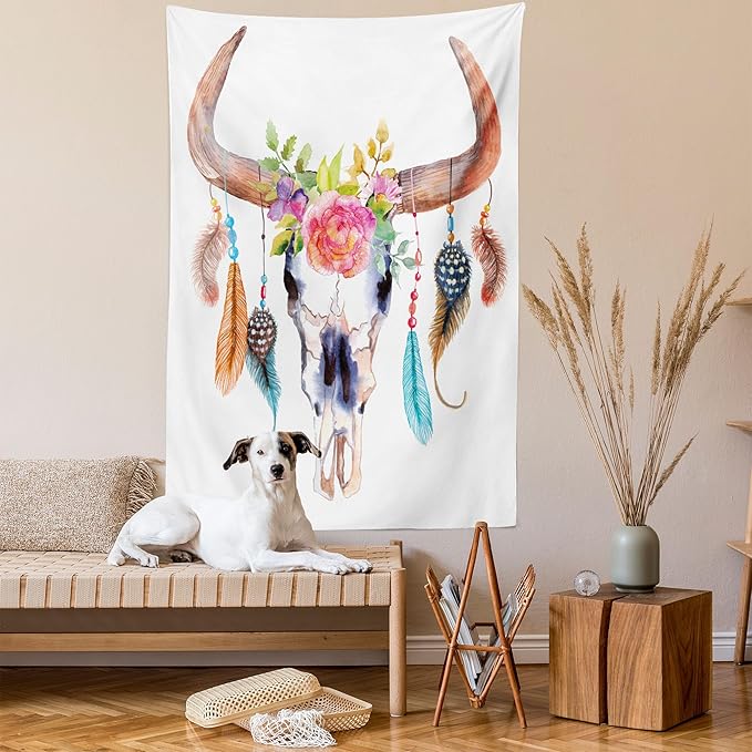 Ambesonne Feather Tapestry, Watercolor Style Bull Skull Ornaments Vibrant Image, Wall Hanging for Bedroom Living Room Dorm Decor, 40" X 60", White Brown