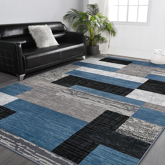 FlyDOIT Modern Geometric Patchwork Area Rug, 8x10 Blue Large Rugs for Living Room, Rockwood Collection Indoor Rugs for Bedroom, Throw Carpet Floor Decor for Entryway Dining Room Office Nursery
