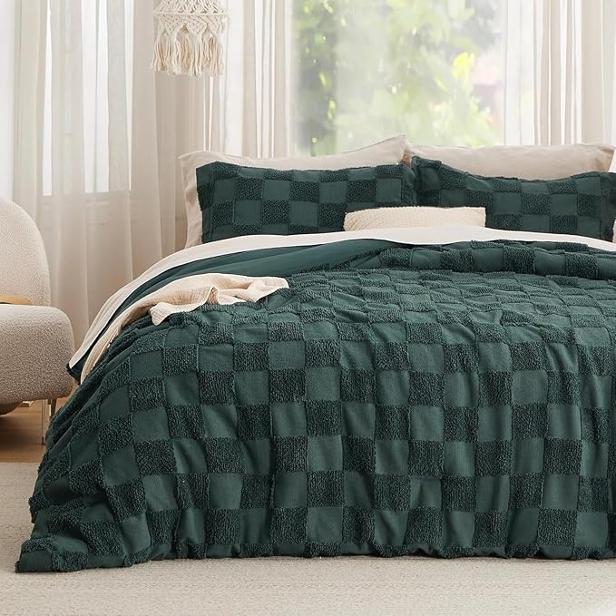 Bedsure Boho Kids Duvet Cover Queen Size（Duvet Insert/Comforter not Included - Ch eckered Duvet Cover Queenfor All Seasons,Soft Shabby Chic Boho Bedding (Green, 90" x 90")