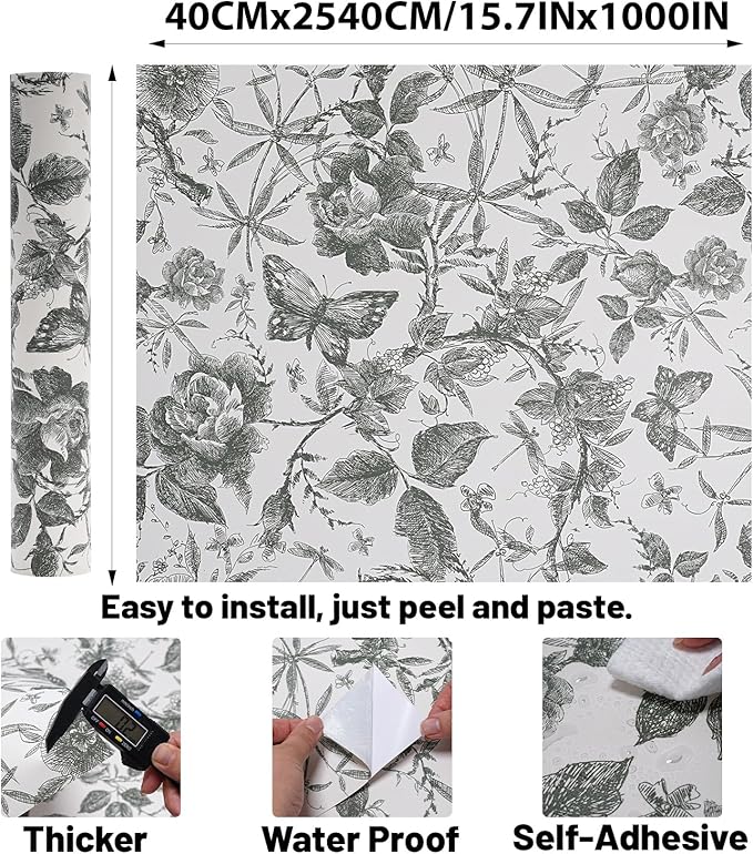 Drawers Liner Contact Paper for Dresser Peel and Stick Wallpaper Sketched Design 15.7x1000in Self Adhesive Removable Green Maroon Rose Floral Butterfly Vintage Cabinet Shelf Renter Friendly
