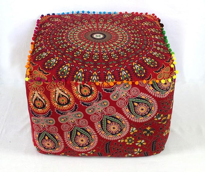 CRAFT KALA Large Hippie Mandala Meditation Floor Ottoman Pillow Cushion Pouf Cover Square Poufs Cover Bohemian Circle Floor Cushion Case Outdoor Fireplace Living Room Decor 18X18X14 inches, Red Mirchi